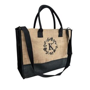 Monogrammed Jute Burlap Tote Bag Initial K Floral Wreath Two-Tone Crossbody Tote